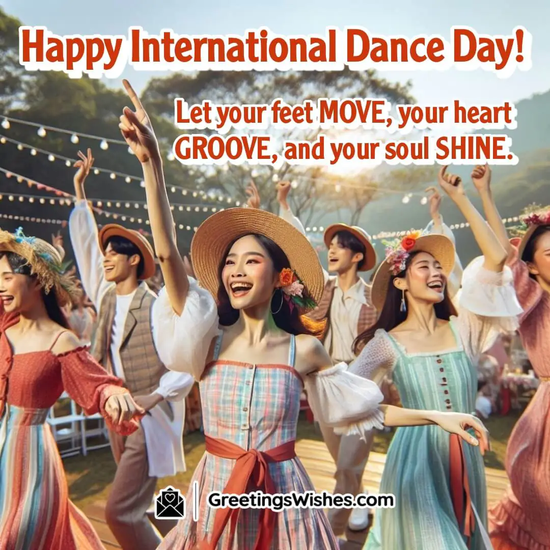 International Dance Day image featuring joyful group dance in nature, symbolizing movement, unity, and shining spirit.
