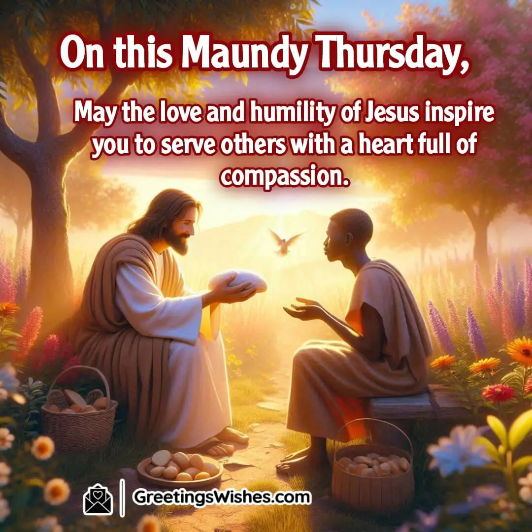 Maundy Thursday with a figure offering bread in a quiet garden at dawn. Symbolizing humility, compassion, and Christlike service.