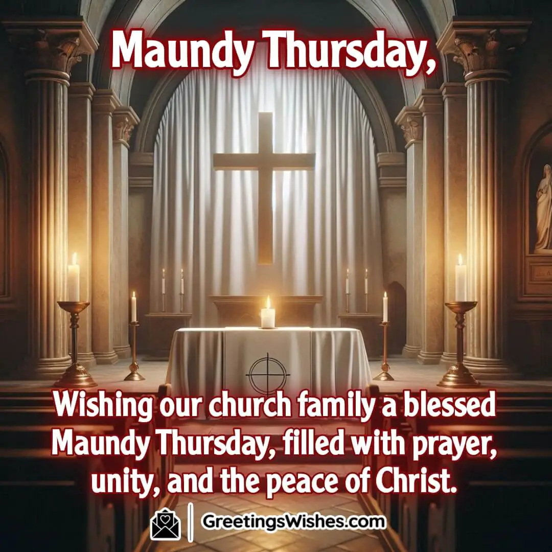 Maundy Thursday with a glowing church altar, a candlelit cross, and white cloth. Symbolizing prayer, unity, and the peace of Christ.