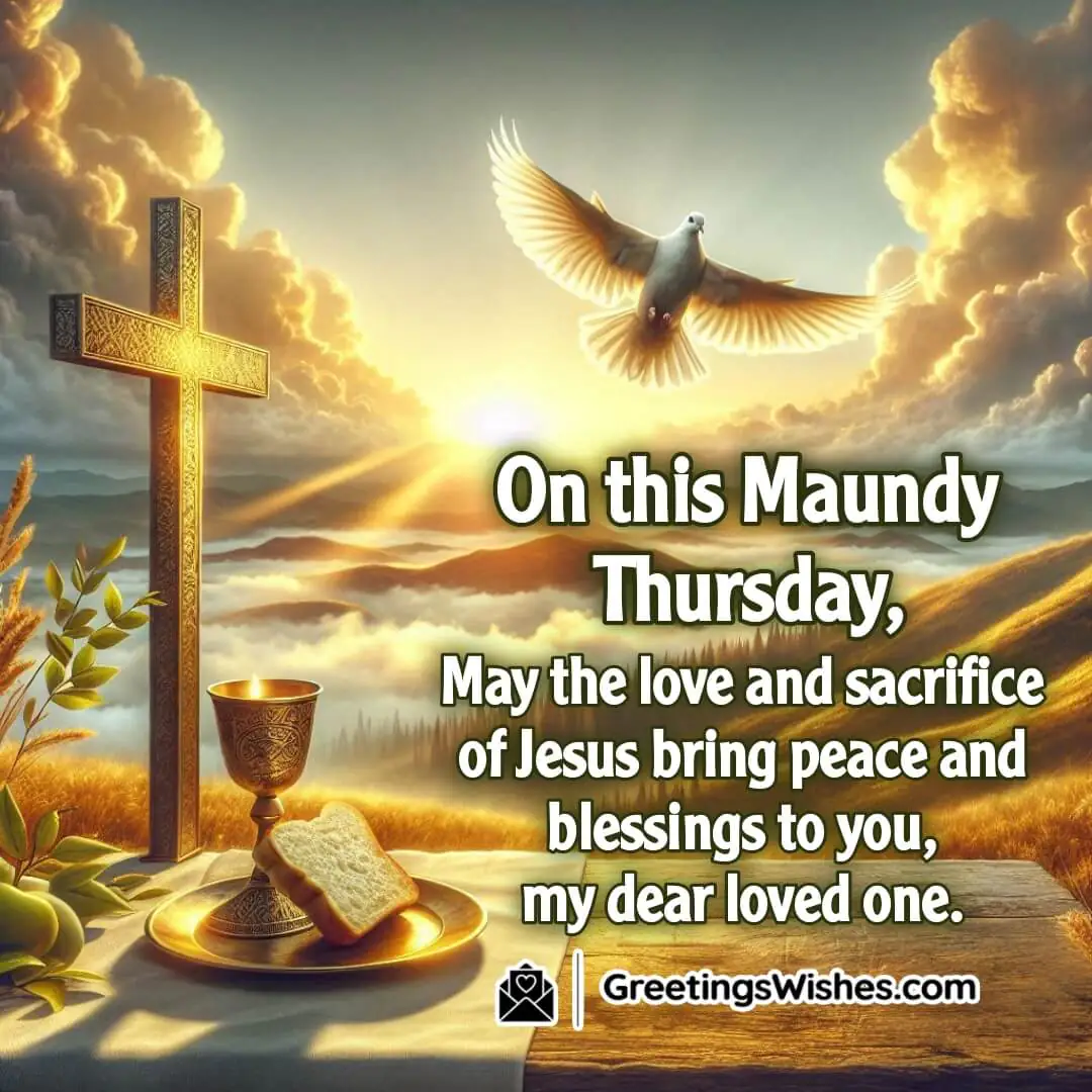 Maundy Thursday with a sunrise cross, flying dove, and seder cup. Symbolizing Jesus’ sacrifice and peaceful blessings.