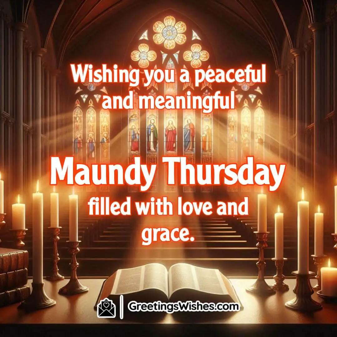 Maundy Thursday with a candlelit altar, open Bible, and stained glass reflections. Symbolizing peace and grace.