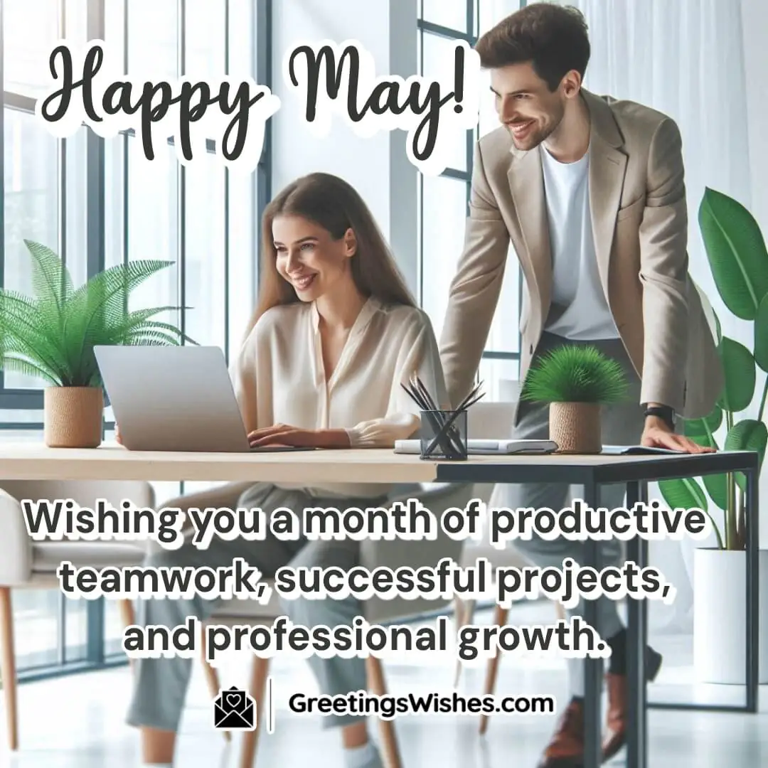 Modern bright office setup with a team working happily together, indoor plants around, with large clean space in the backdrop for professional message text.
