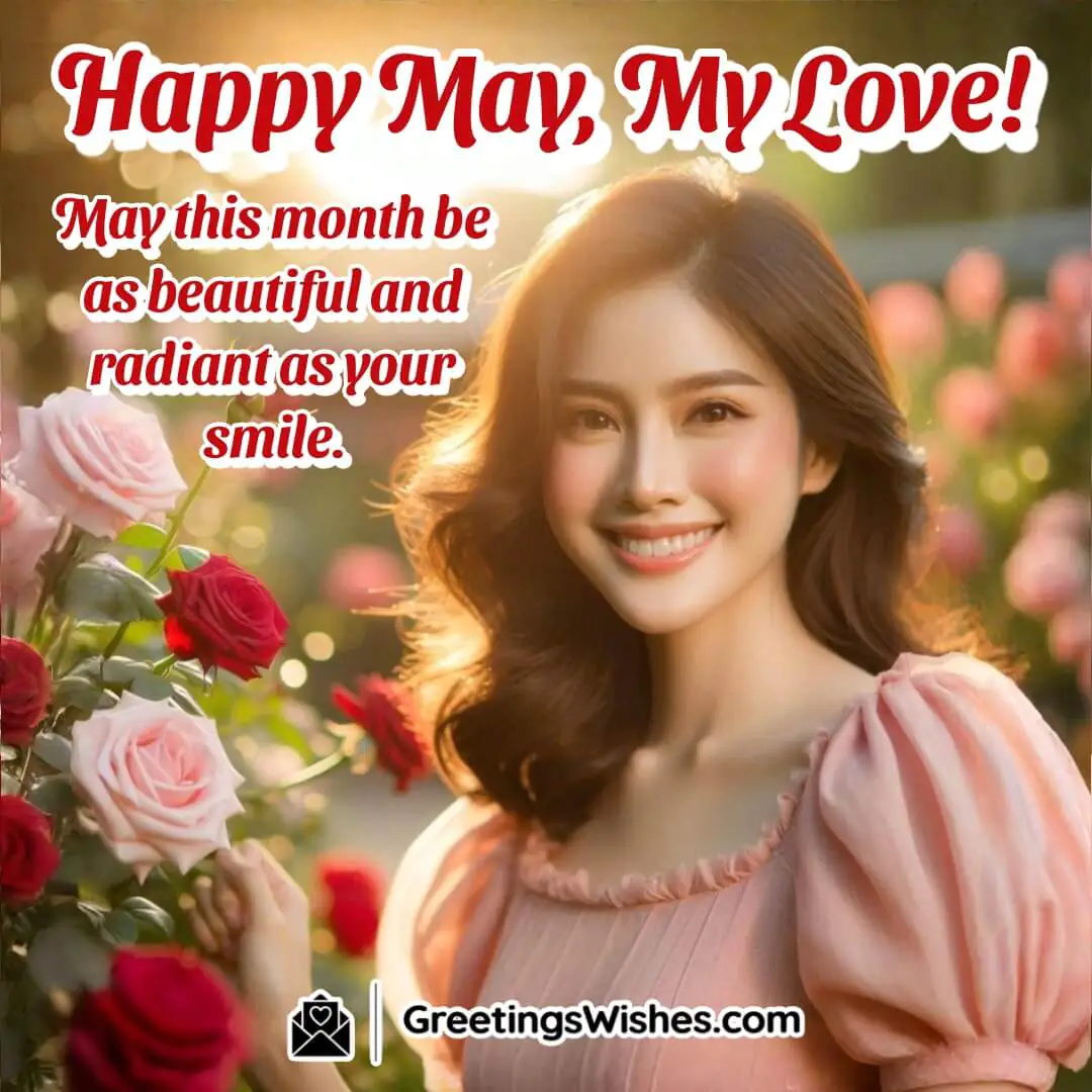 A smiling woman surrounded by a blooming garden, symbolizing love, happiness, and the fresh beauty of May.