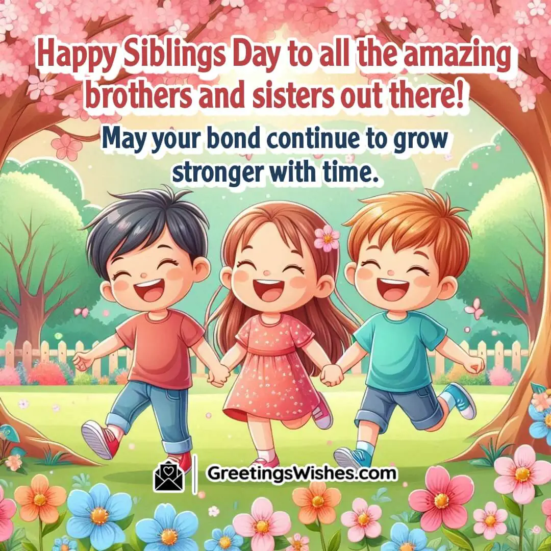 Happy Siblings Day image with a brother and sister walking in a park, symbolizing love and a strong sibling bond.