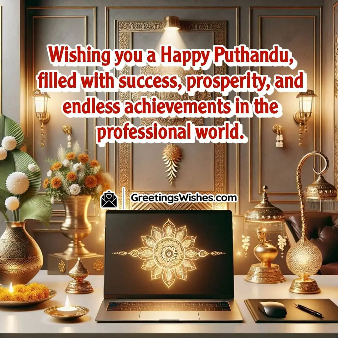 Professional setting with Tamil New Year decor symbolizing career success and prosperity.