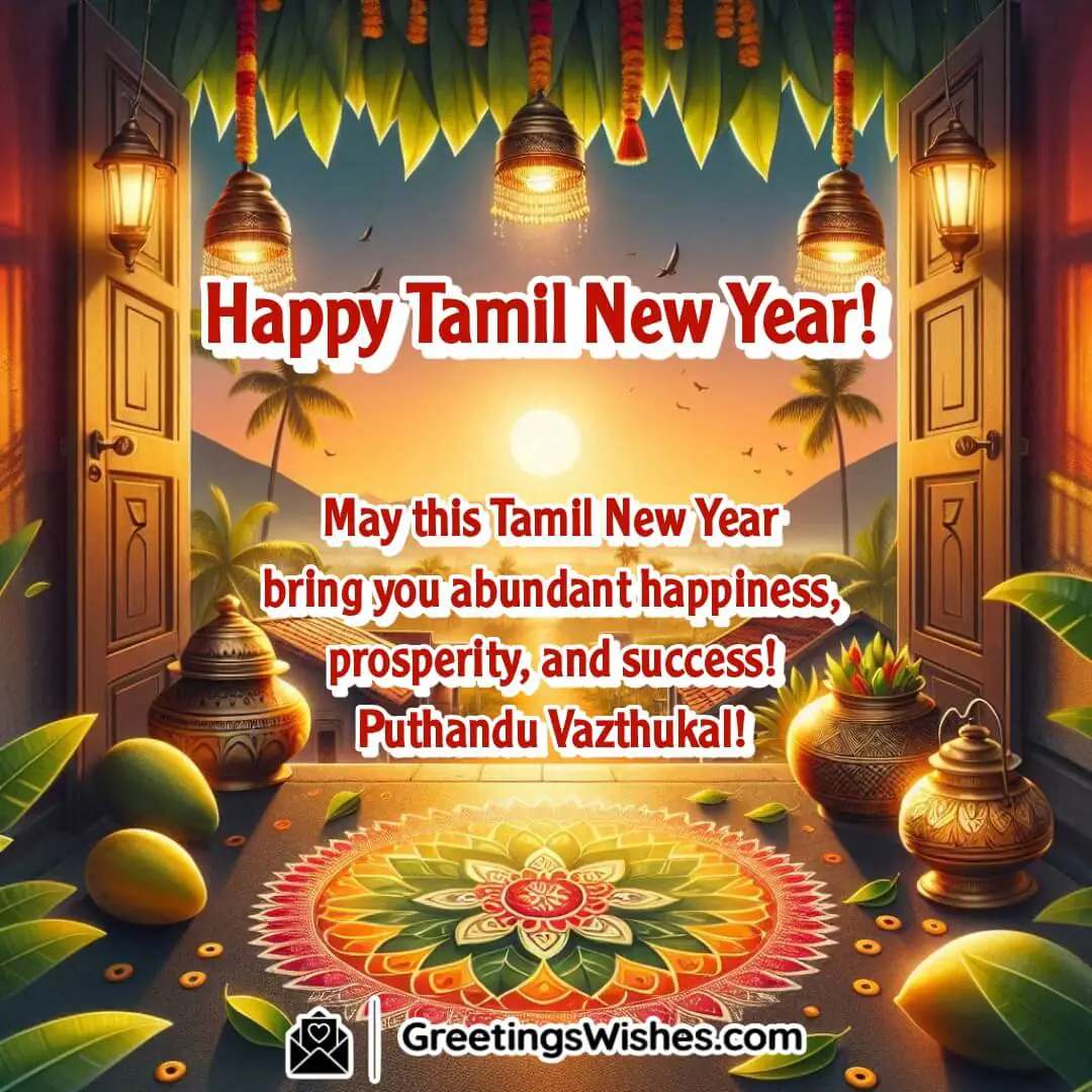 Festive Tamil New Year scene with glowing lamps, kolam, and traditional decor symbolizing happiness and prosperity.