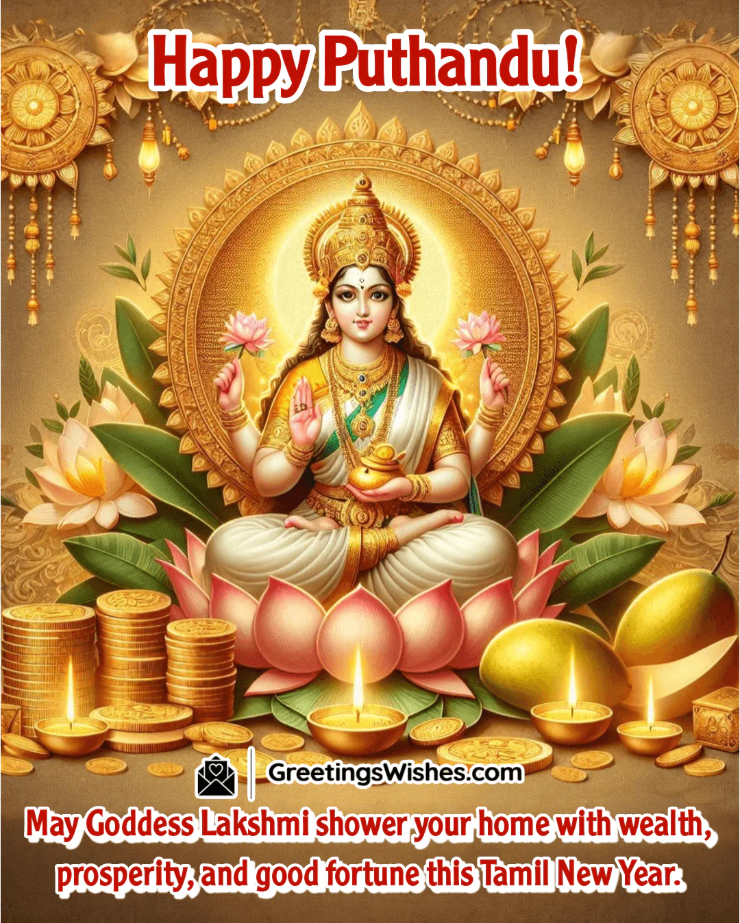 Goddess Lakshmi blessing the home with wealth and prosperity during Tamil New Year.