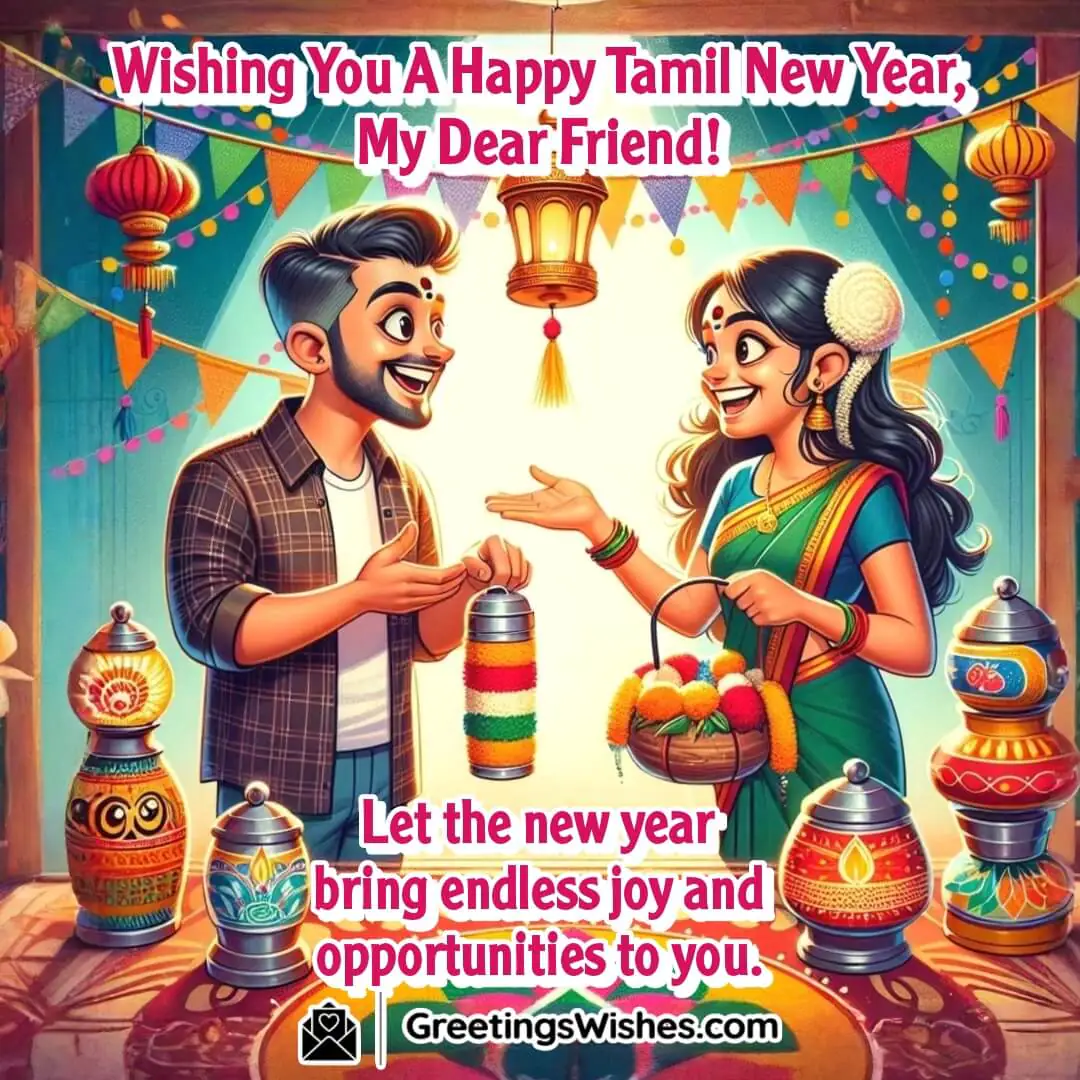 Friends sharing Tamil New Year joy in a cheerful festive environment.