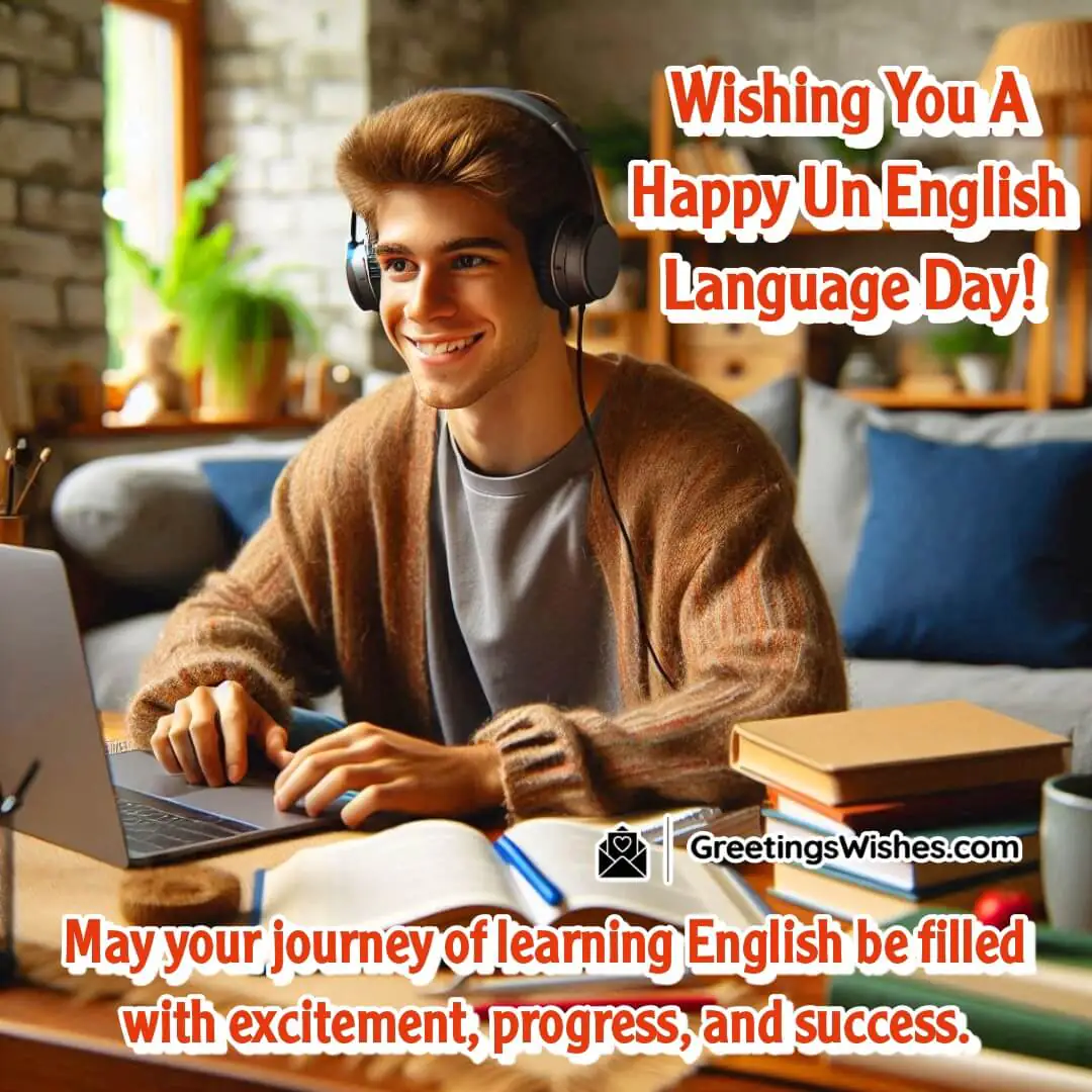 UN English Language Day featuring an enthusiastic learner with study tools, symbolizing joy and progress in mastering English.