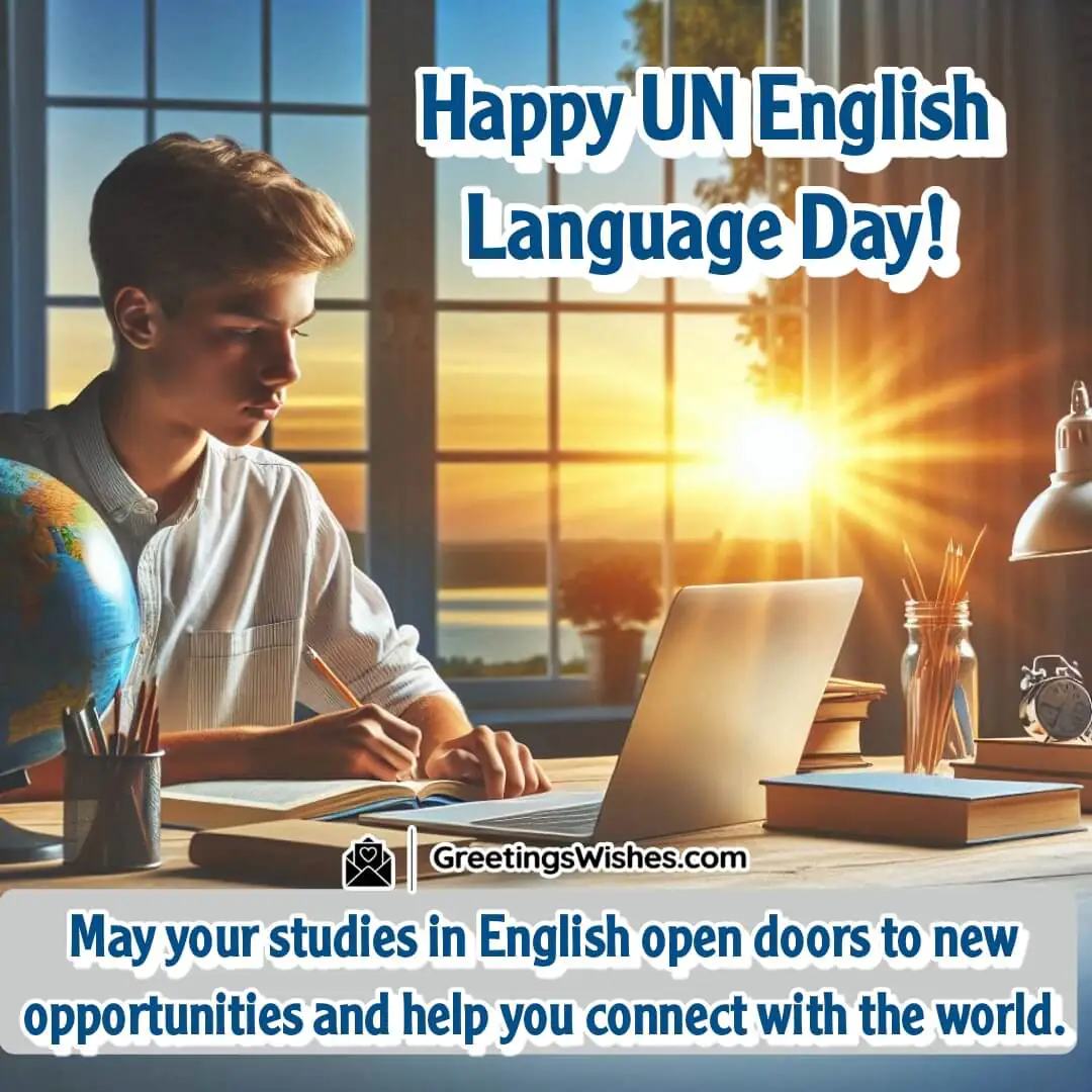 UN English Language Day featuring a young learner with books and globe, symbolizing education and opportunities through English.