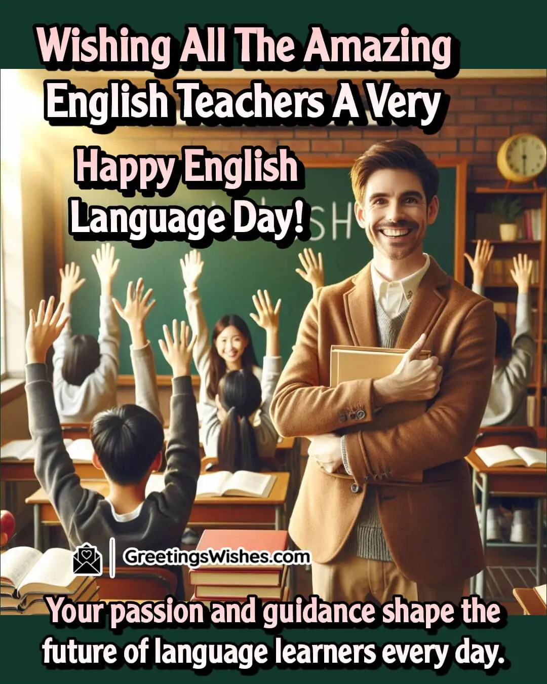UN English Language Day featuring a proud teacher in a lively classroom, symbolizing inspiration and dedication in English education.