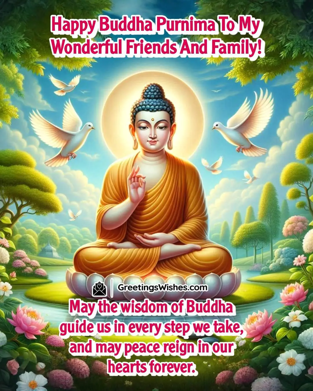 Buddha Purnima image showing a seated Buddha in a peaceful garden, symbolizing wisdom, peace, and harmony.