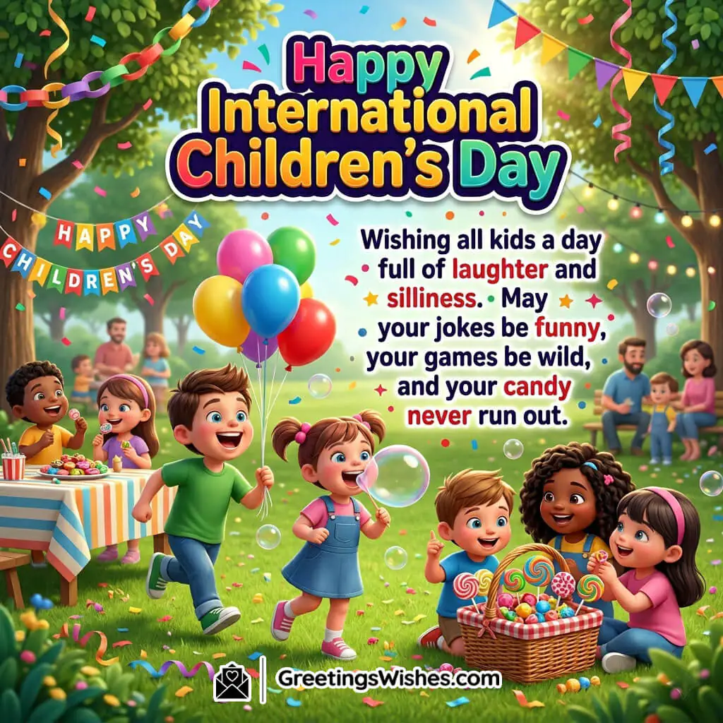 International Children’s Day featuring playful kids at a colorful park with bold, cheerful poster-style text celebrating laughter, games, and candy.