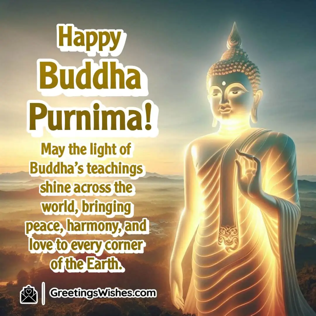 Buddha Purnima image showing a Buddha standing on a hilltop, symbolizing peace, harmony, and the global spread of Buddha’s teachings.