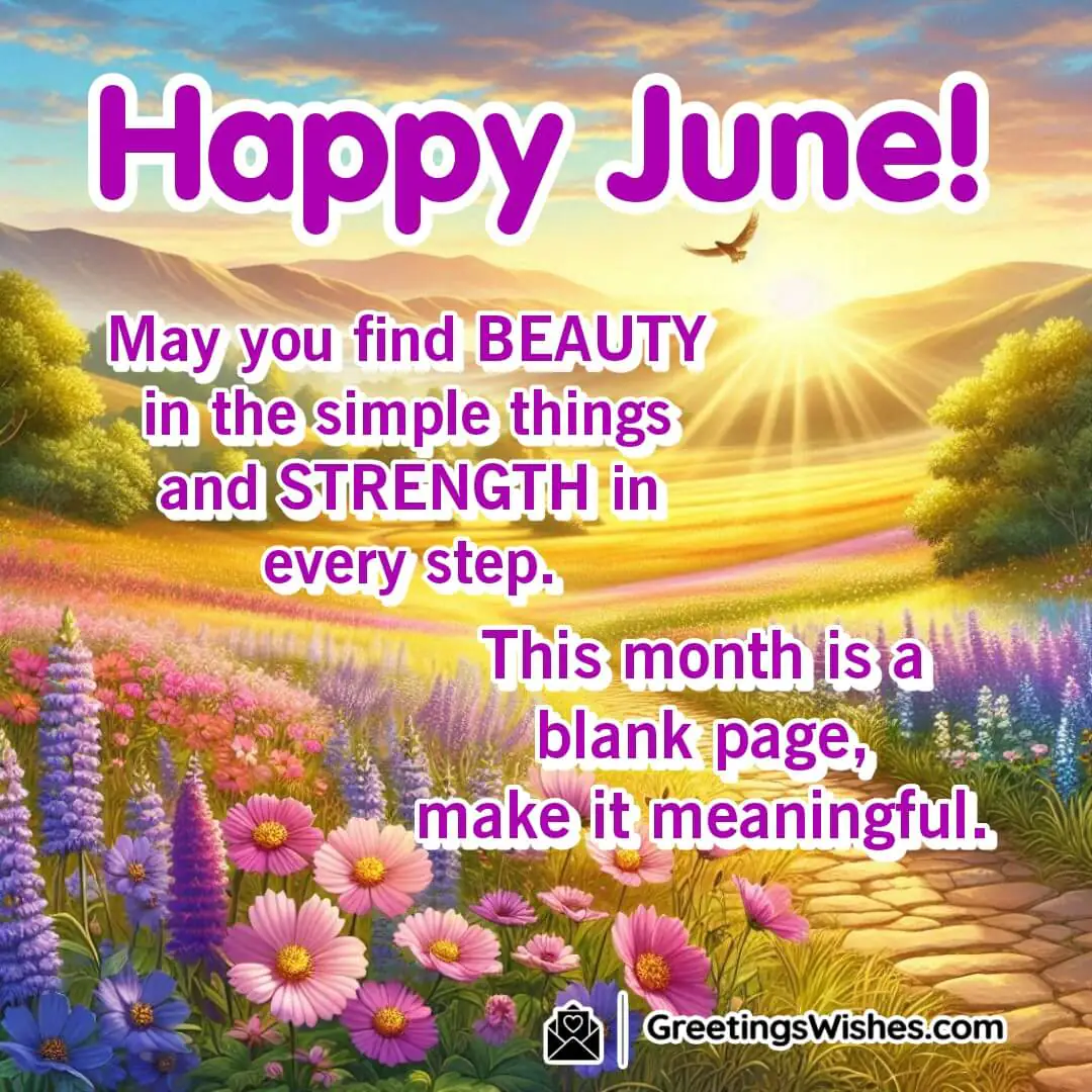 Happy June – realistic square image of a lush green meadow with colorful flowers, butterflies, and a cobblestone path symbolizing new beginnings and strength.