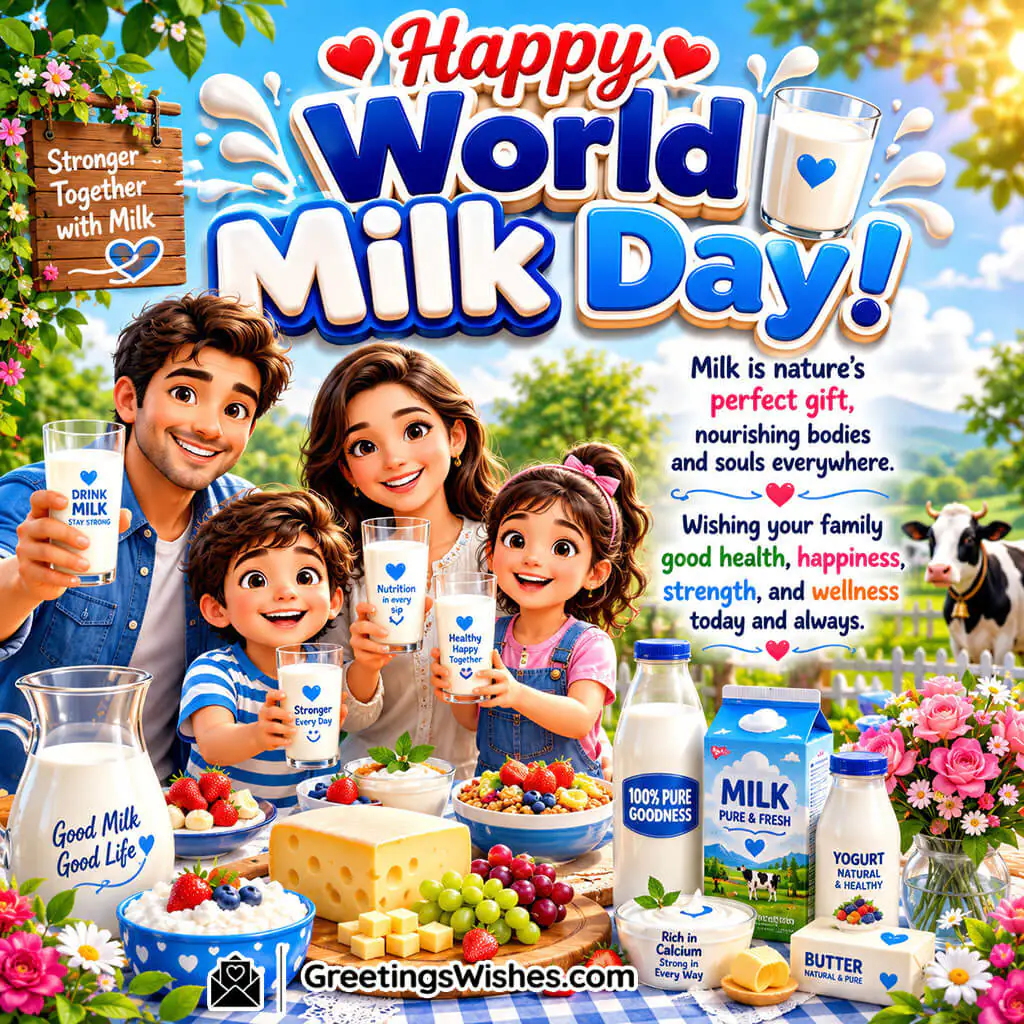 World Milk Day featuring a countryside sunrise with a glass of milk on a wooden table, symbolizing purity, nourishment, and the freshness of nature’s gift.
