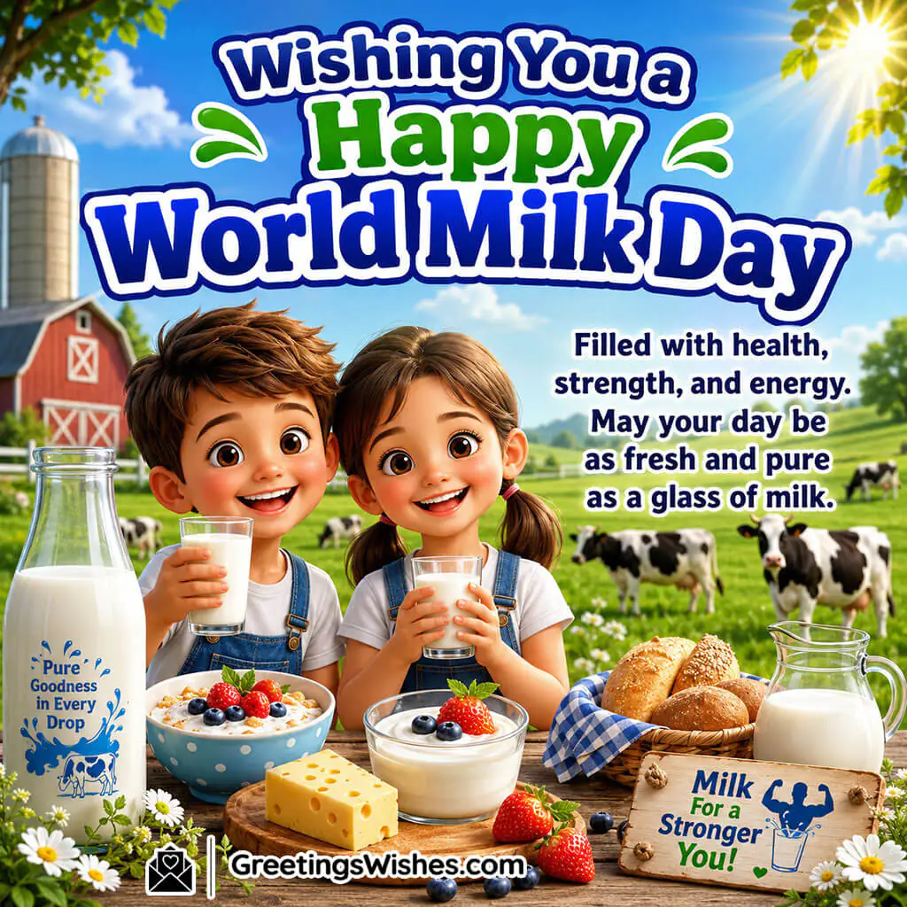 World Milk Day featuring a fresh breakfast table with milk and fruits symbolizing health, strength, and energy.