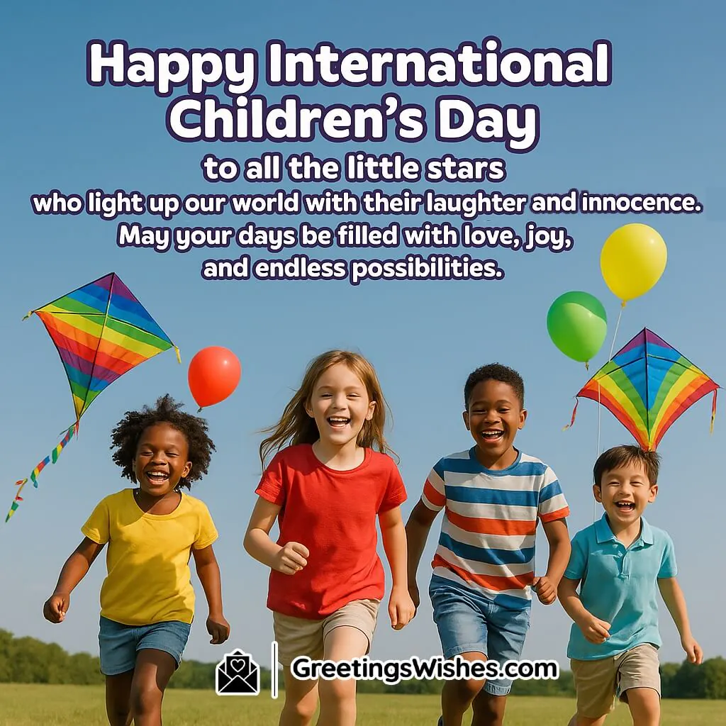 International Children’s Day featuring children playing in a colorful field, symbolizing a heartfelt message of laughter, innocence, and endless possibilities.