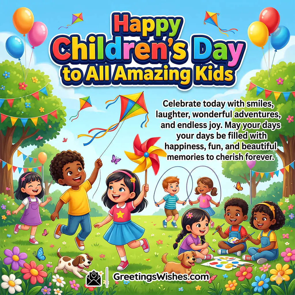 International Children’s Day featuring happy, diverse children playing in a decorated field with a message celebrating smiles, laughter, and joy.