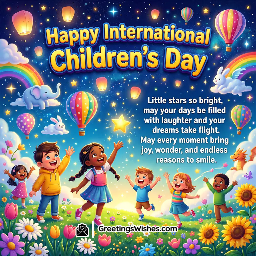International Children’s Day featuring children playing under a clear twilight sky, symbolizing a poetic message of laughter and dreams.