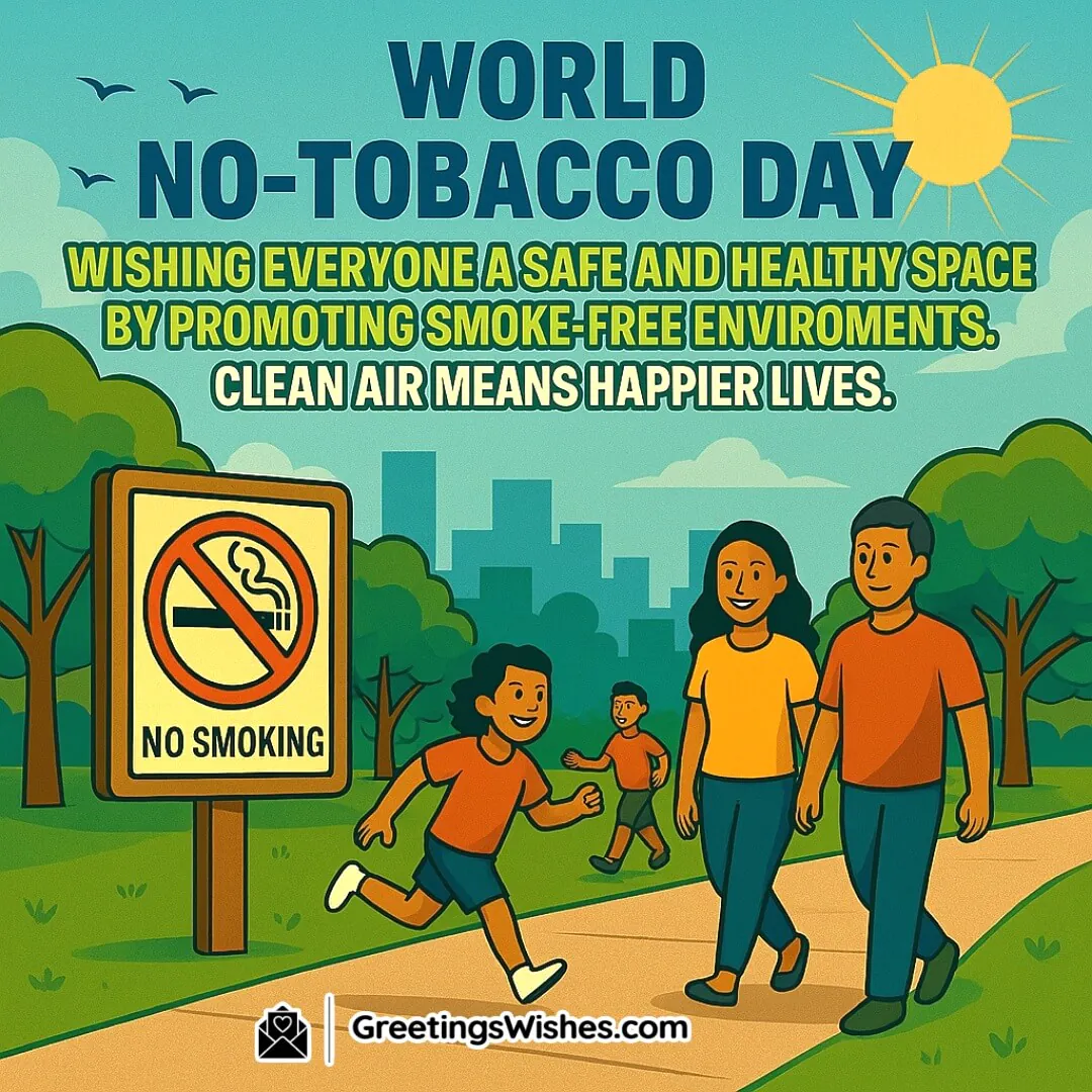 World No-Tobacco Day featuring a clean park and no-smoking signs, symbolizing the importance of smoke-free environments for healthy living.