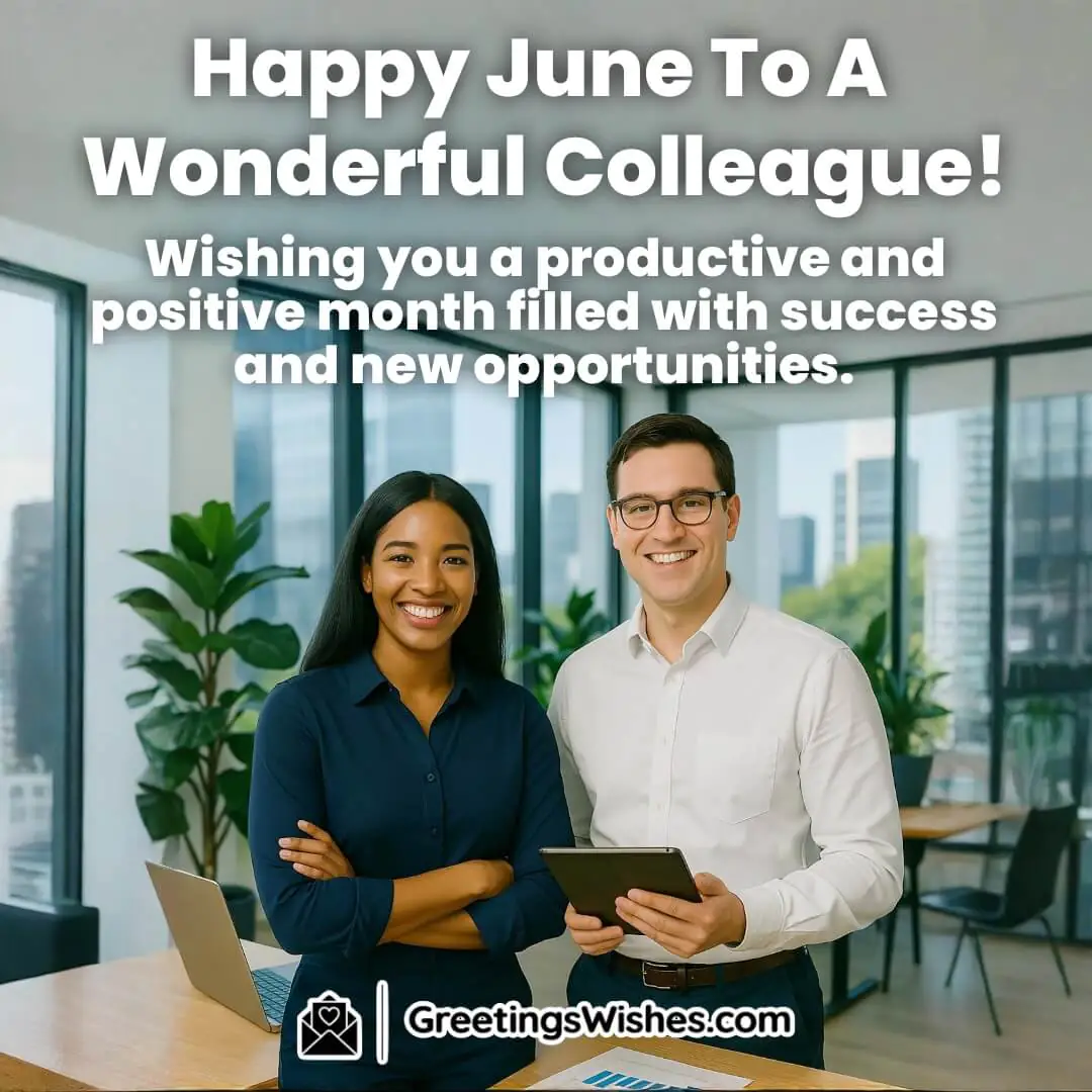 Happy June — realistic image of two smiling colleagues in a bright, modern office, symbolizing teamwork, fresh starts, and professional growth.