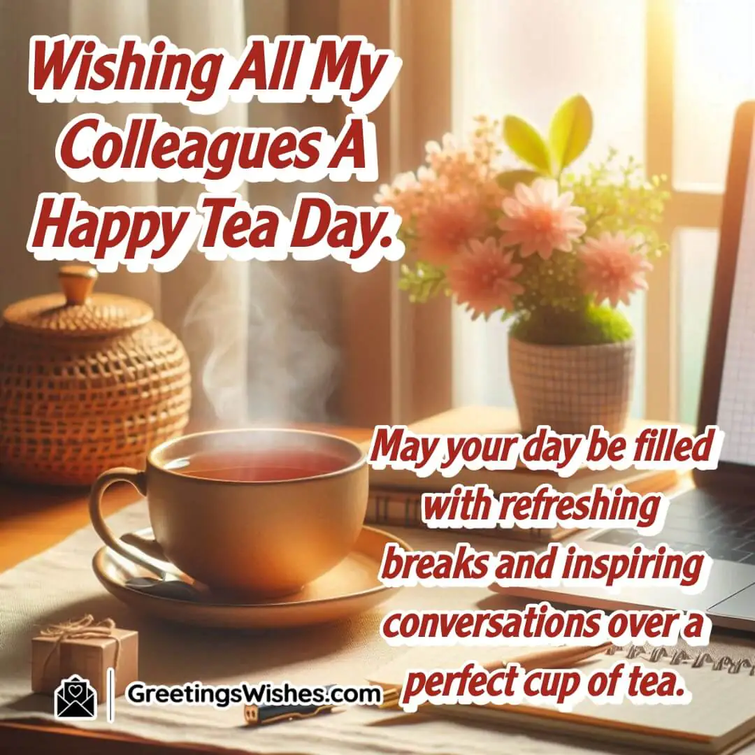 International Tea Day image featuring an office tea break scene, symbolizing refreshing moments and colleague bonding.