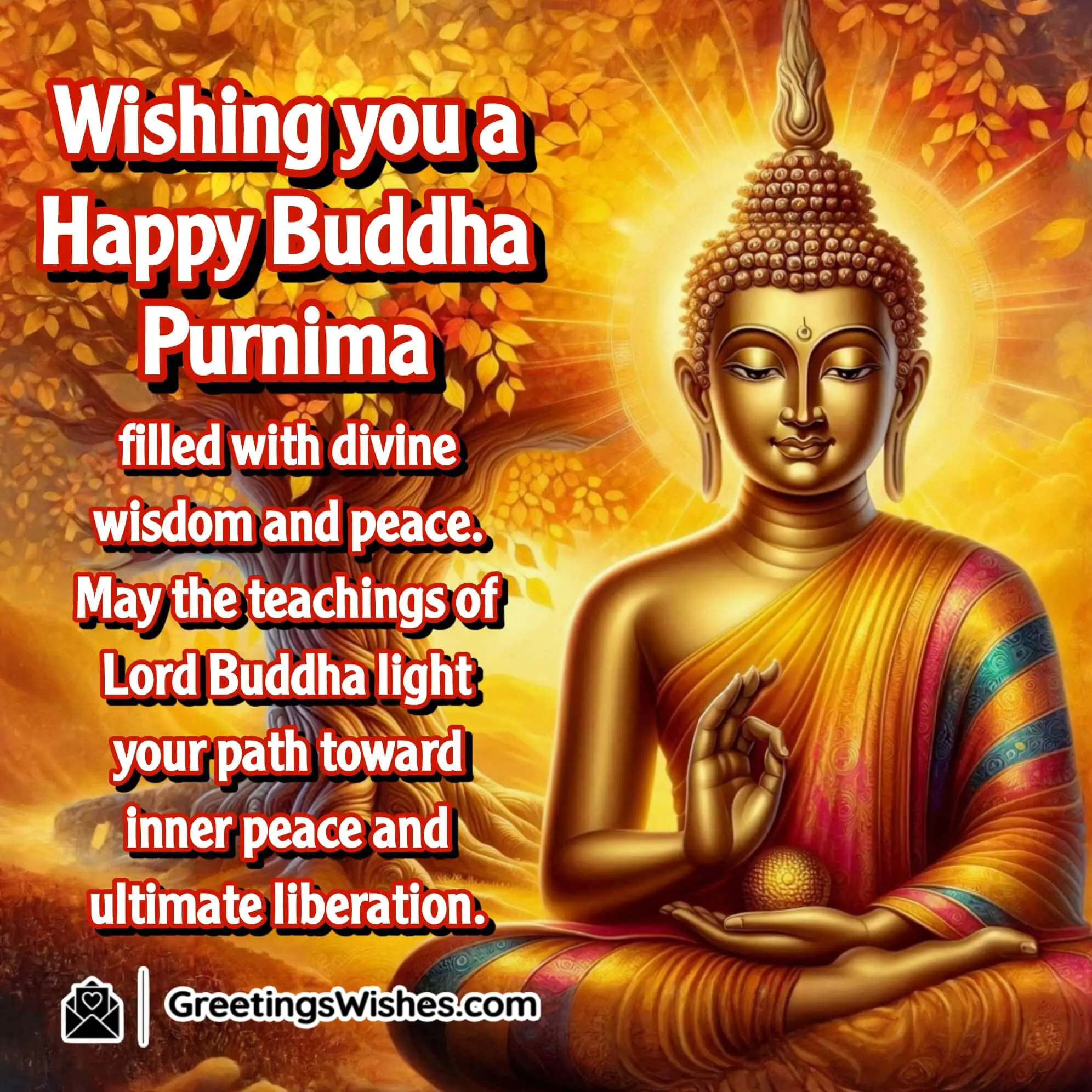 Buddha Purnima with a meditating Buddha under a golden Bodhi tree. Symbolizing wisdom, peace, and inner liberation.