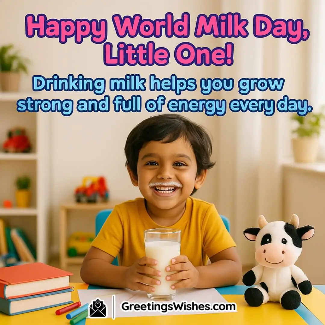 World Milk Day featuring a happy child drinking milk in a bright kitchen, symbolizing growth, energy, and the joyful innocence of a healthy childhood.