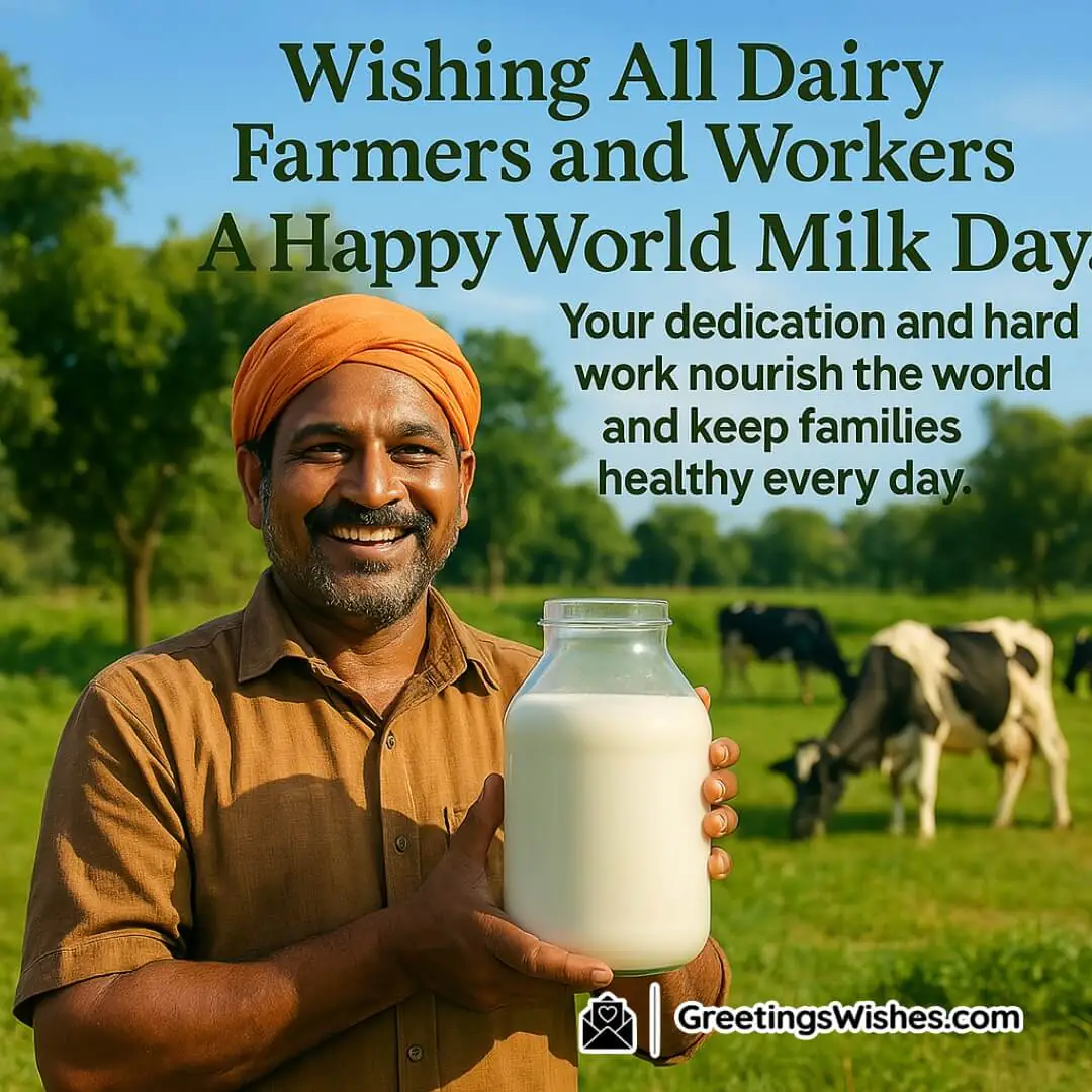 World Milk Day featuring a joyful Indian dairy farmer with milk containers in a green pasture, symbolizing dedication, nourishment, and the hard work behind every drop of milk.