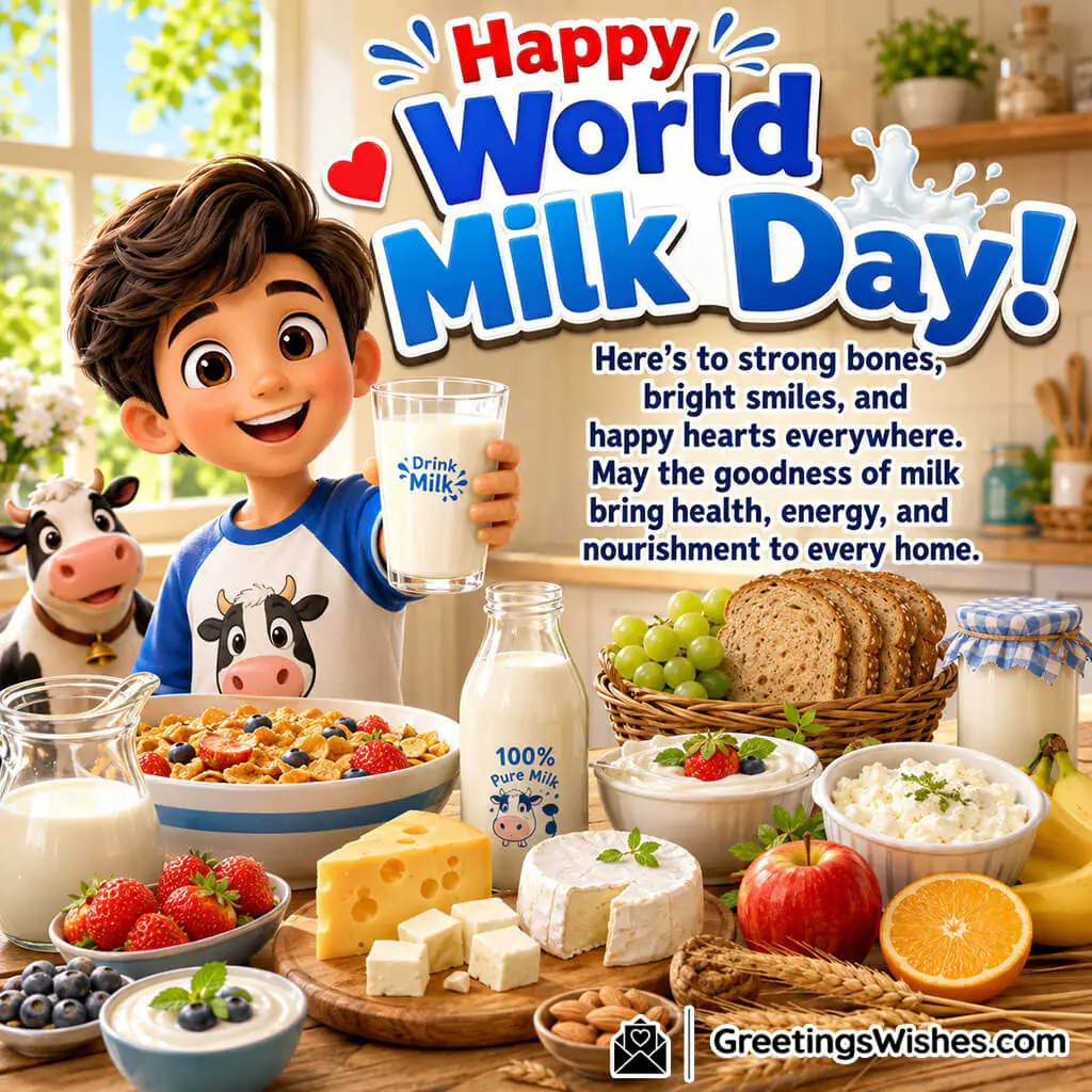 World Milk Day featuring a happy Indian family enjoying glasses of milk in a sunny kitchen, symbolizing health, joy, and strong bonds.