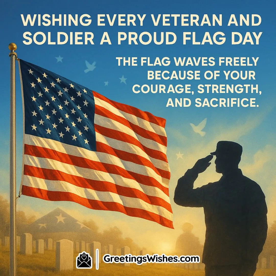 Flag Day poster with waving American flag, saluting soldier, and bright sky — Symbolizing the strength and sacrifice of veterans and soldiers.