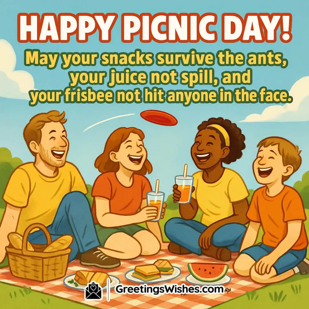 Picnic Day with friends laughing in a sunny park, playful snacks, frisbee, and comic elements — symbolizing lighthearted moments and real-life fun.