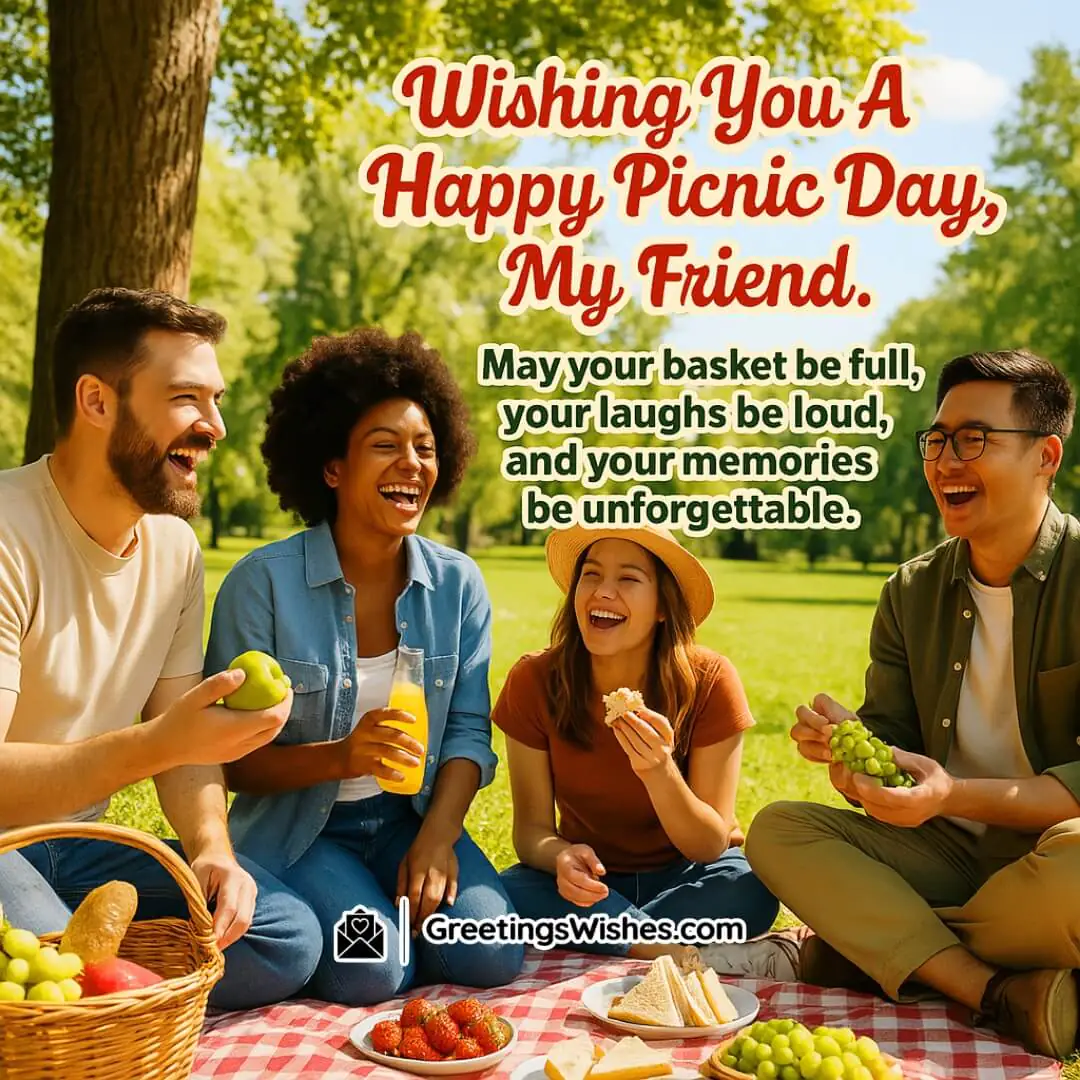 Picnic Day image featuring a cheerful group of friends enjoying a sunny picnic with an open basket and joyful expressions, symbolizing the message Wishing You A Happy Picnic Day, My Friend.