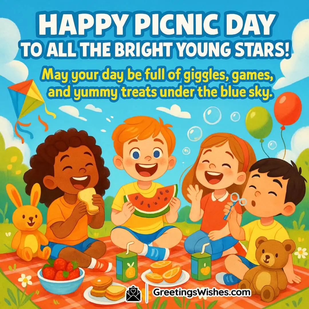 Picnic Day with cheerful children enjoying snacks and games in a sunny park — symbolizing joy, playfulness, and celebration.