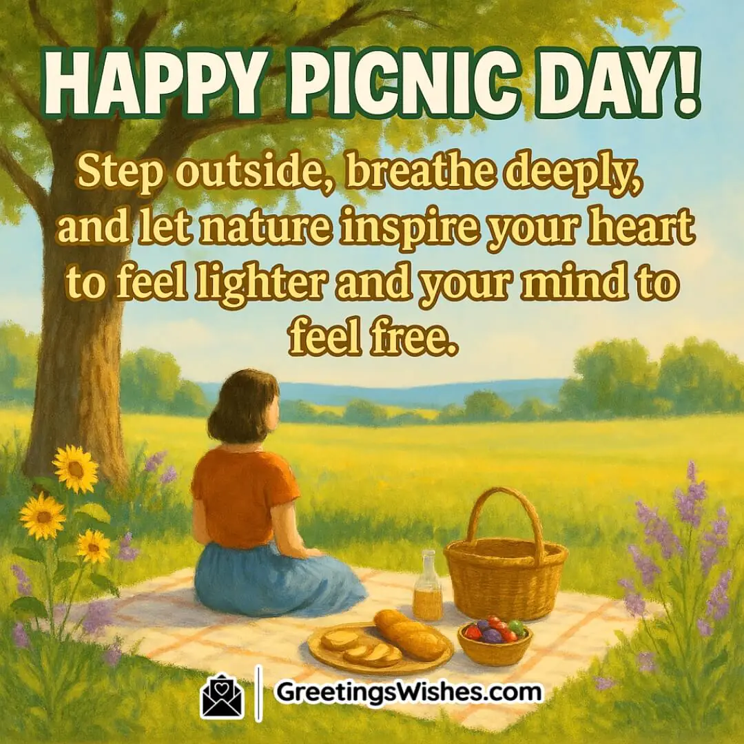 Picnic Day with a peaceful scene of people relaxing in nature under trees — symbolizing serenity, inspiration, and freedom in the open air.