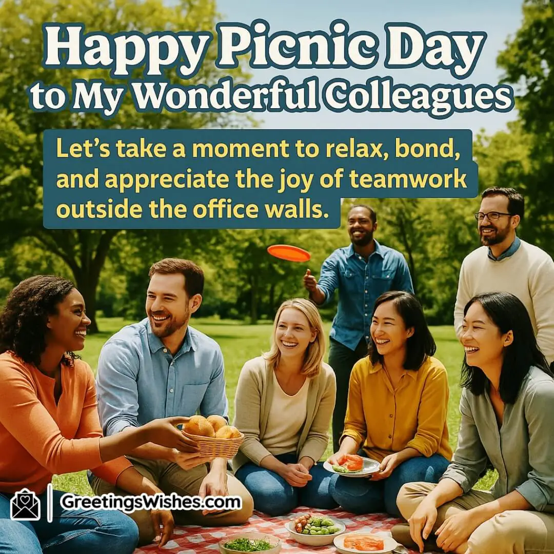 Picnic Day with colleagues enjoying laughter and snacks in a sunny park — symbolizing relaxation, teamwork, and shared moments outside the workplace.