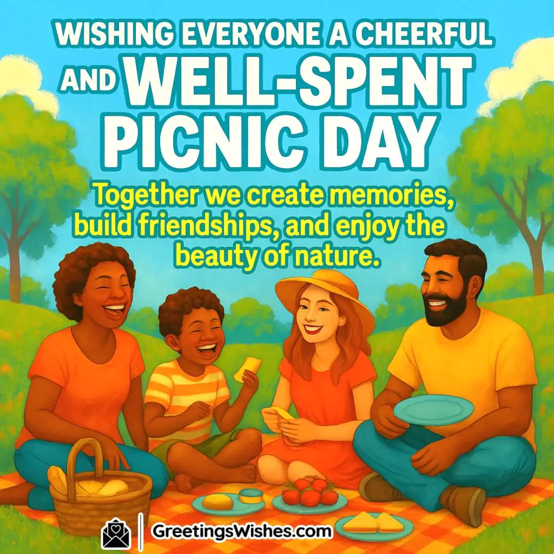 Picnic Day with joyful people gathered in nature, laughing and sharing food — symbolizing friendship, connection, and the joy of togetherness outdoors.