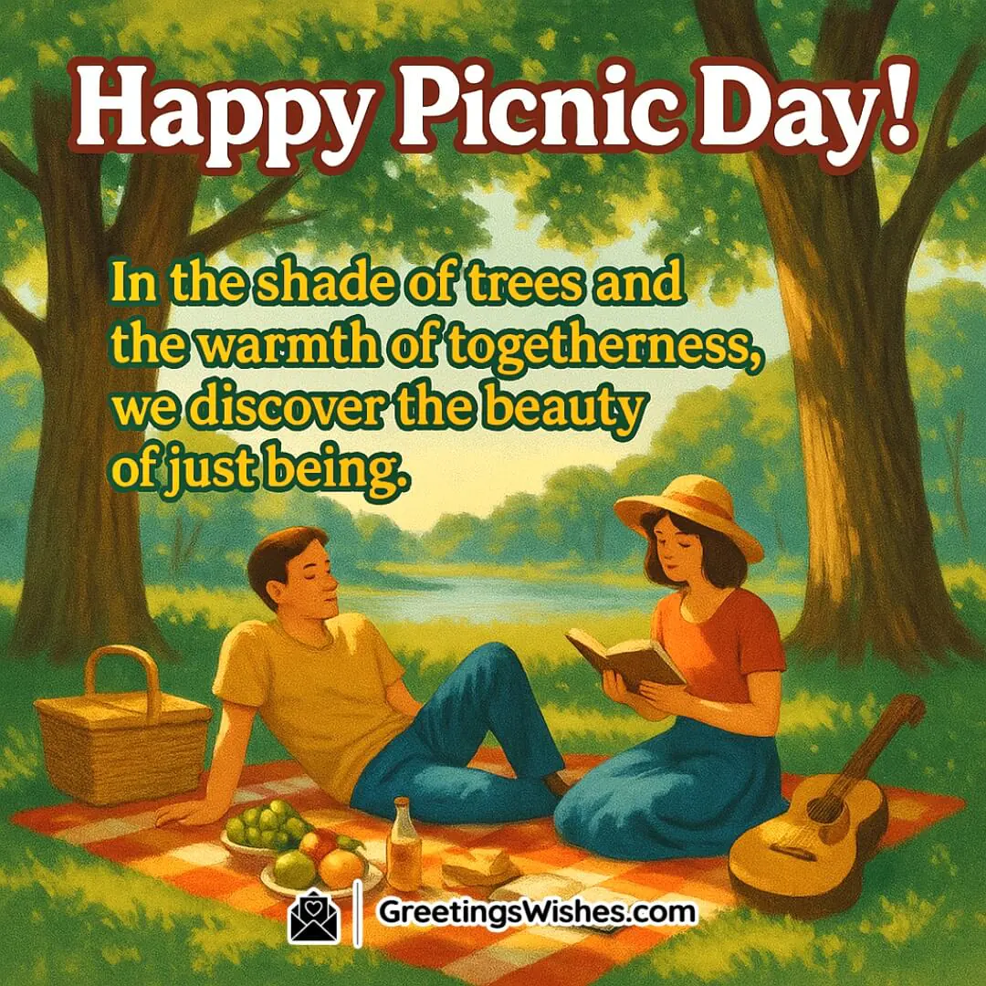Picnic Day with a peaceful scene under trees, soft sunlight, and people relaxing — symbolizing serenity, togetherness, and the quiet joy of presence.