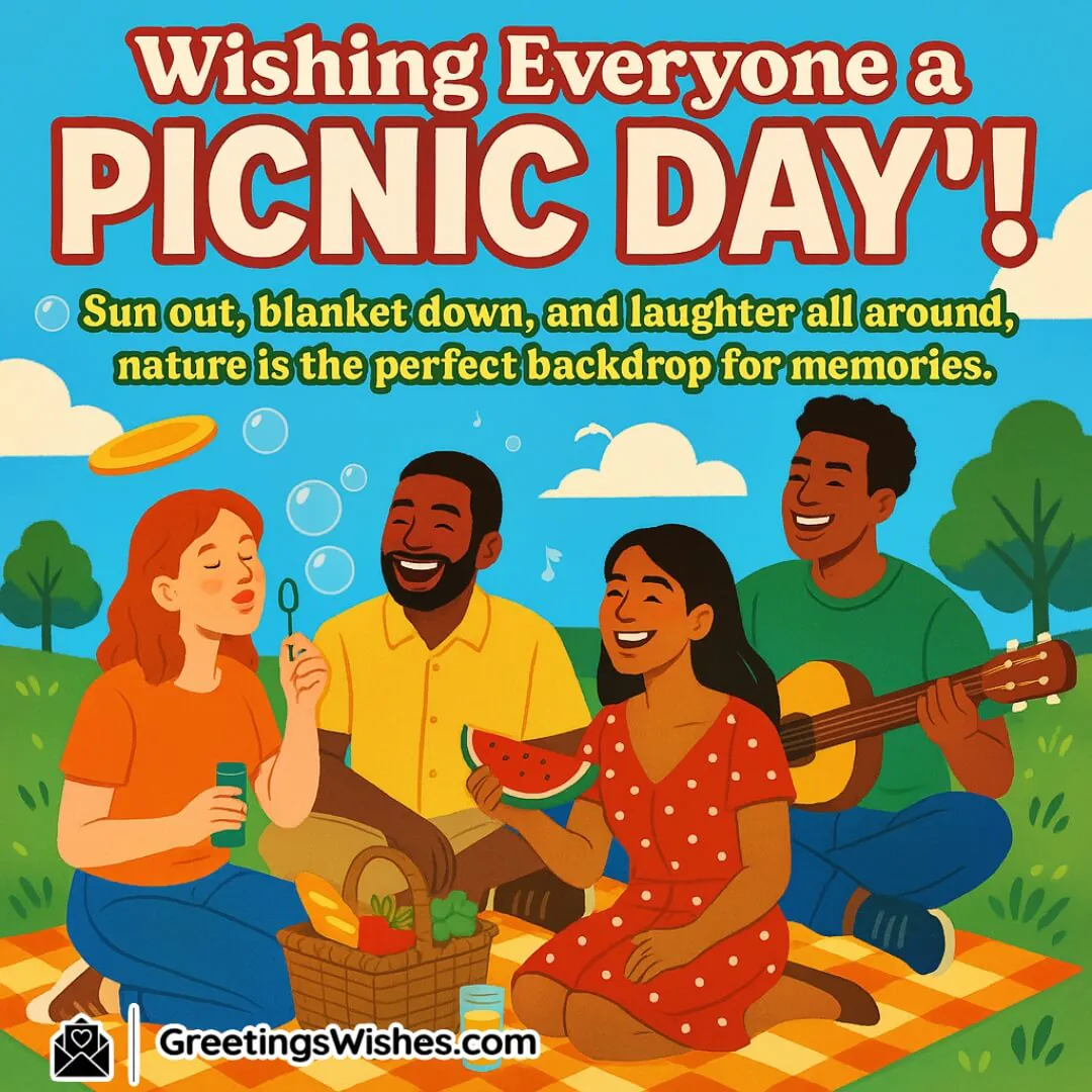 Picnic Day with joyful families and friends relaxing outdoors in sunlight — symbolizing laughter, bonding, and cherished memories in nature.