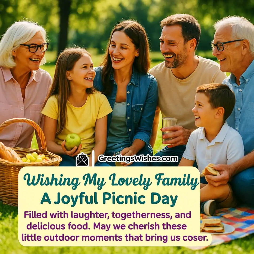 Picnic Day image featuring a joyful multi-generational family enjoying food and laughter in a sunny park, symbolizing the warmth and closeness of family celebration.
