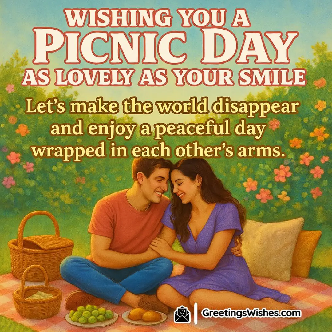 Picnic Day with romantic couple relaxing on a cozy blanket in a vibrant garden — symbolizing peace, love, and togetherness.