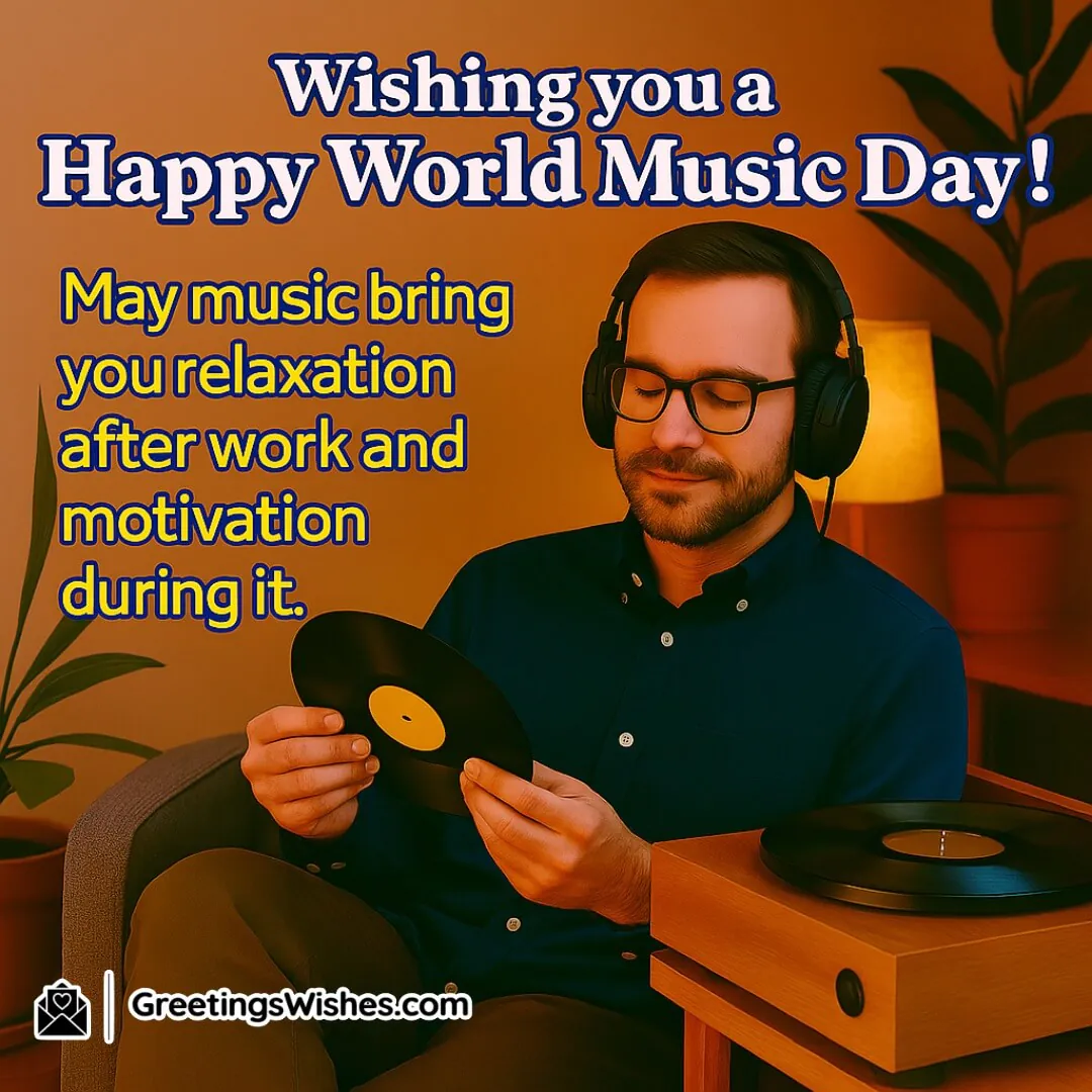 World Music Day with a relaxed adult listening to music after work — symbolizing peace, renewal, and daily inspiration through sound.