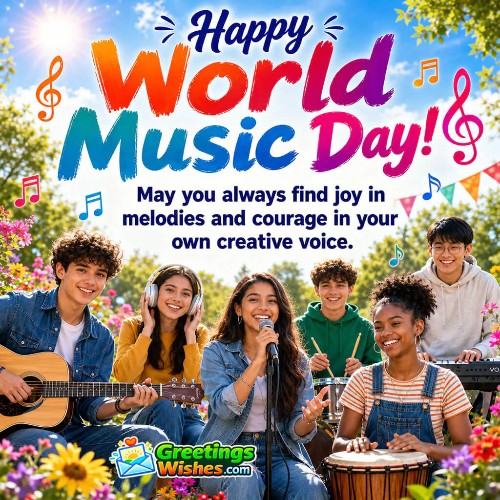 World Music Day with cheerful young people enjoying music in a colorful park symbolizing creativity, joy, and the power of youthful expression through music.