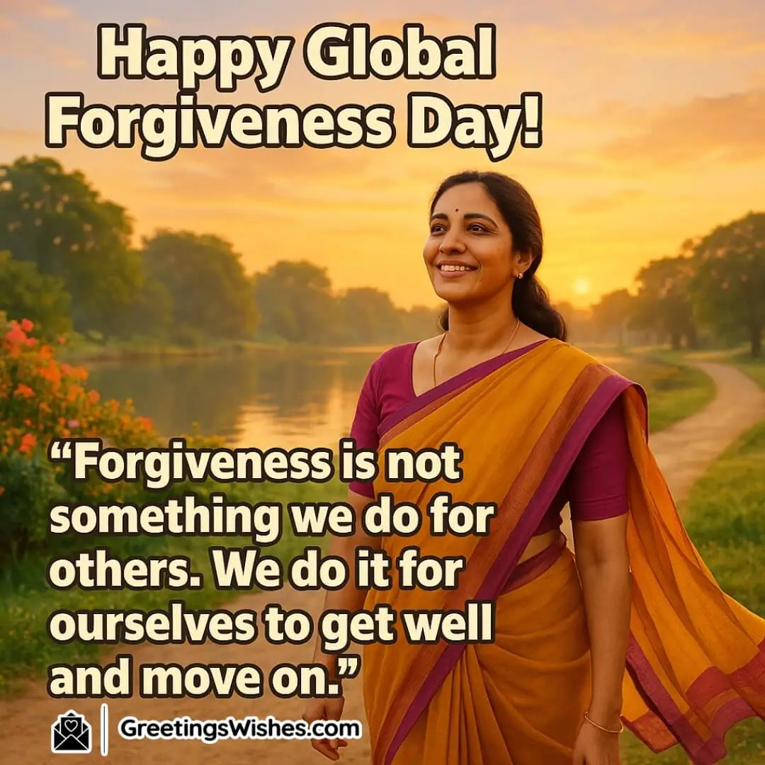 Happy Global Forgiveness Day image featuring an Indian woman with open eyes in colorful clothing standing near a peaceful garden, symbolizing personal healing through forgiveness
