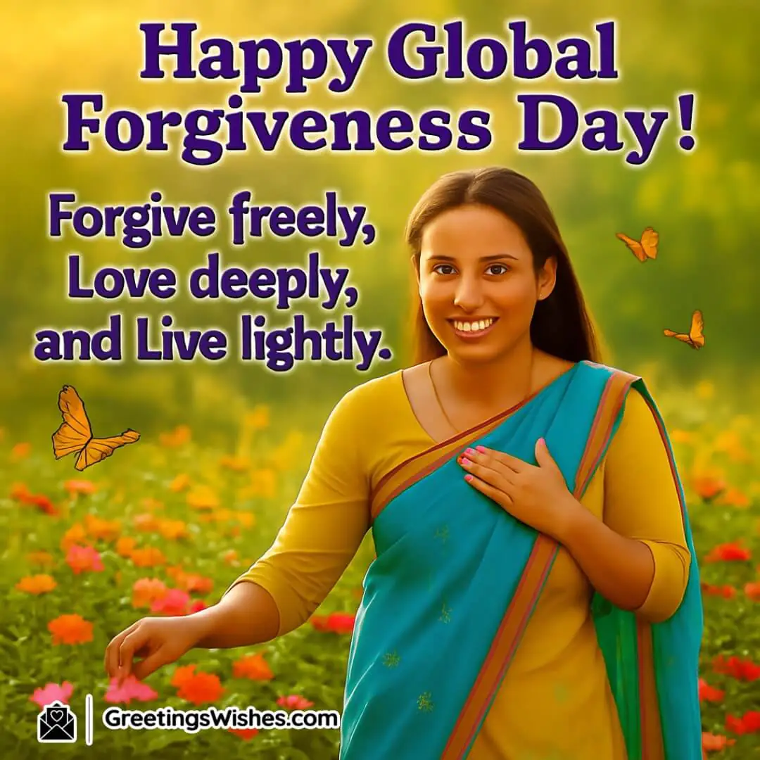 Happy Global Forgiveness Day image featuring an Indian woman walking joyfully through a vibrant flower garden, symbolizing light-hearted forgiveness and emotional freedom.