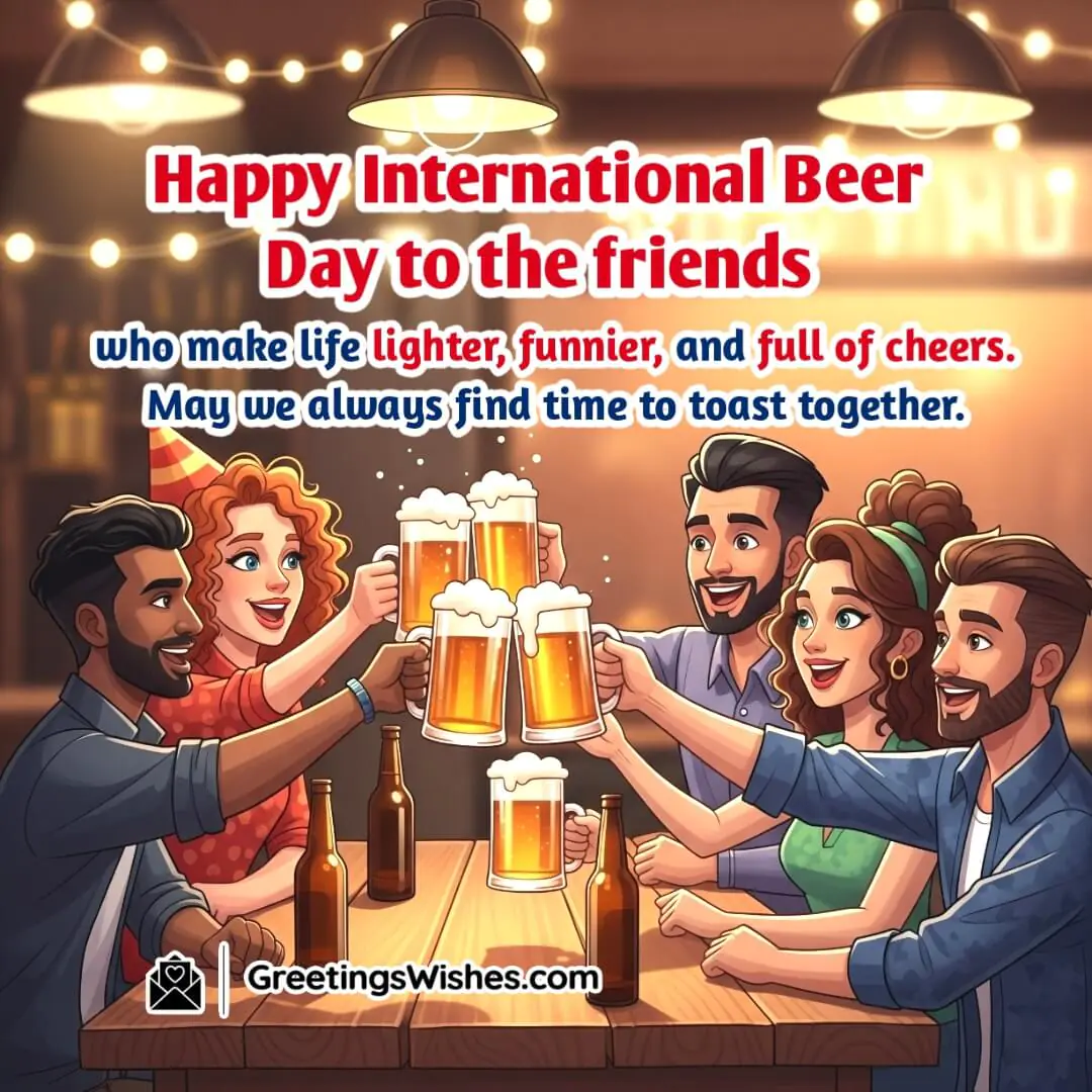 International Beer Day Wishes For Friends Image featuring a group of friends raising beer mugs at a festive table, symbolizing joyful moments, laughter, and togetherness.