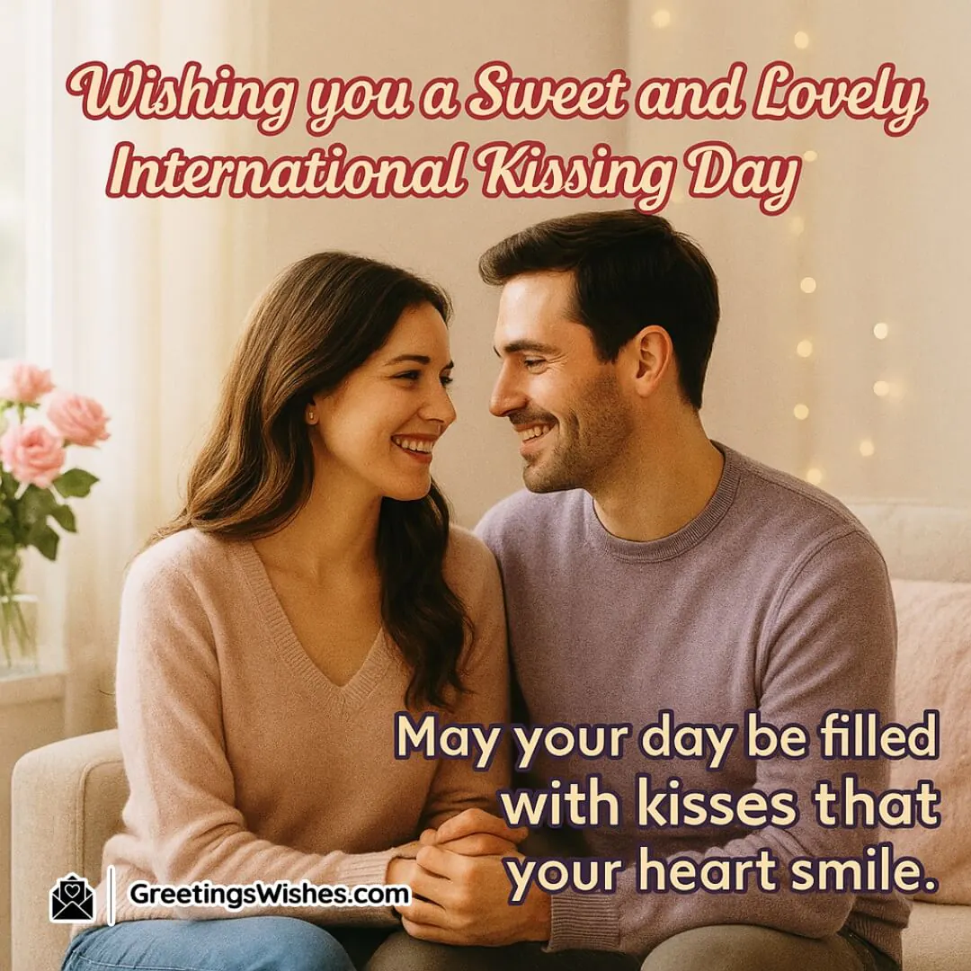 Sweet and Lovely International Kissing Day Image featuring a smiling couple in a light-filled romantic room, symbolizing affection, happiness, and the joy of loving kisses.