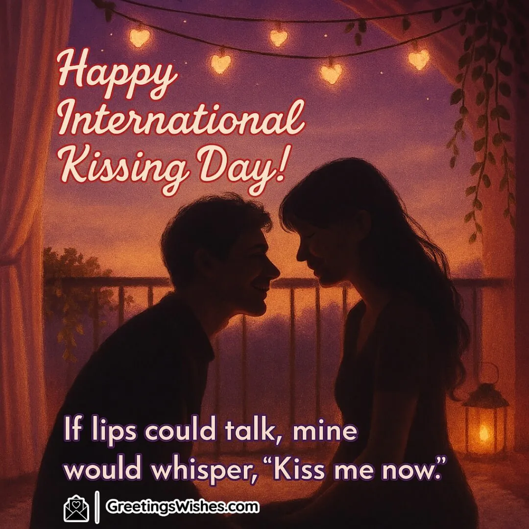 International Kissing Day Flirty Image featuring a playful couple leaning in for a kiss, with flirty text placed clearly, symbolizing desire and sweet affection.
