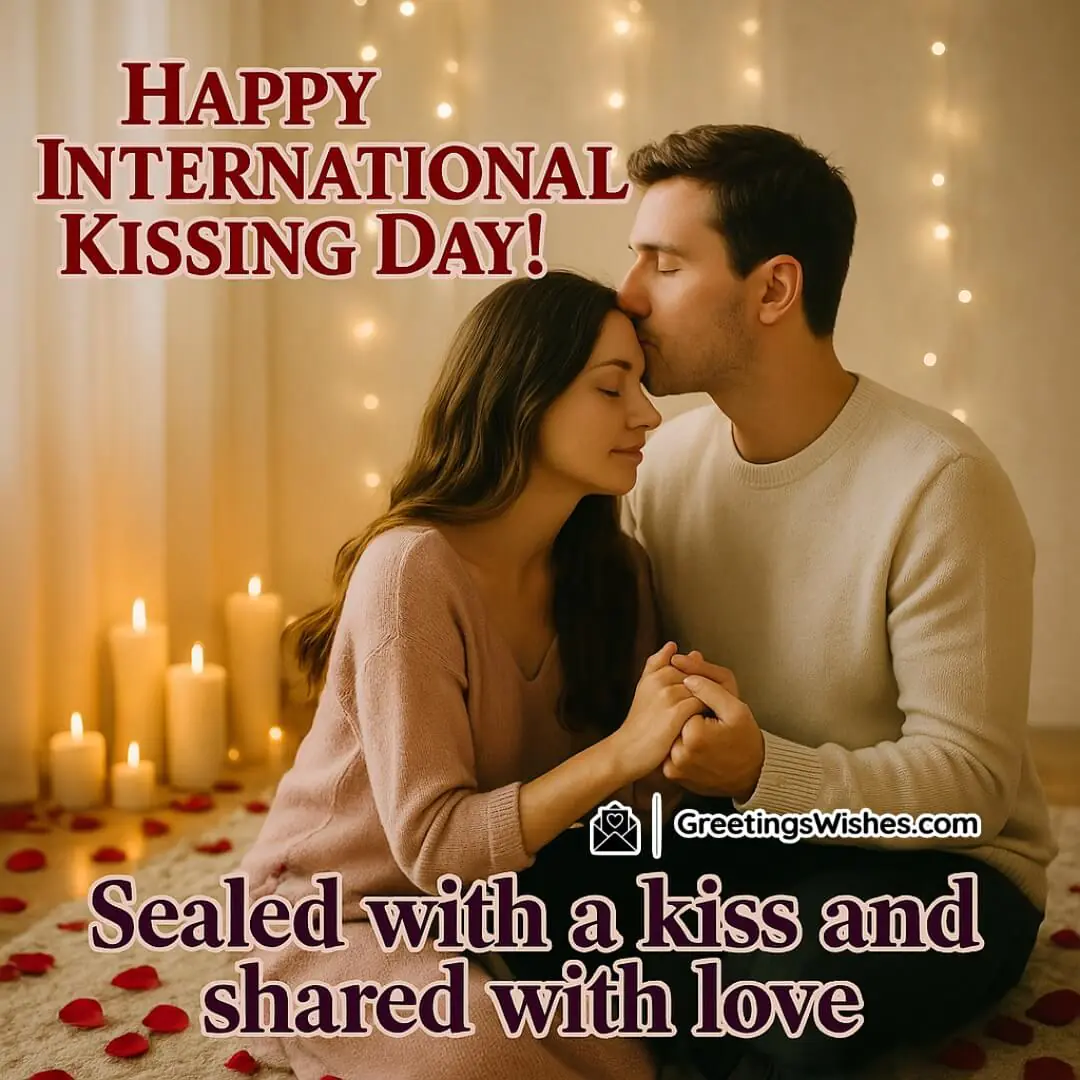 International Kissing Day Social Media Captions Image featuring a couple sharing a loving kiss, symbolizing affection shared with a kiss and heartfelt love.